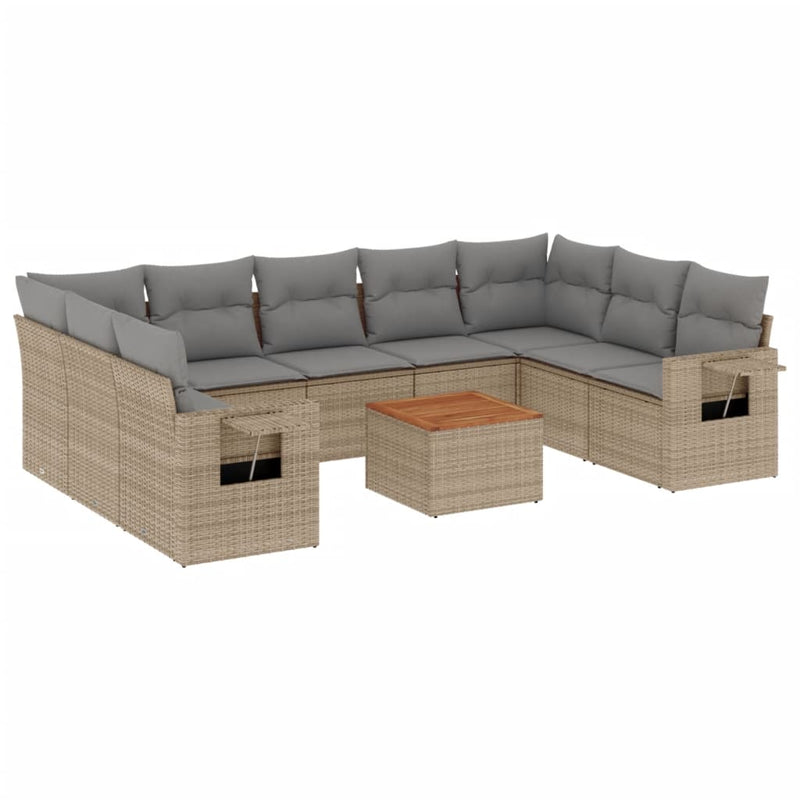 10-delige Loungeset met kussens poly rattan beige