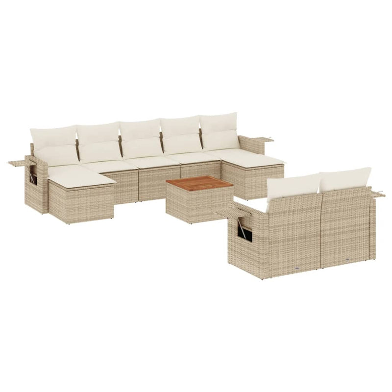 10-delige Loungeset met kussens poly rattan beige