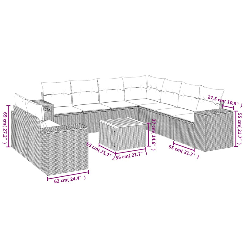 10-delige Loungeset met kussens poly rattan beige