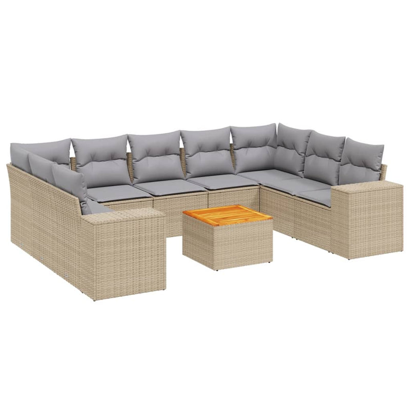 10-delige Loungeset met kussens poly rattan beige