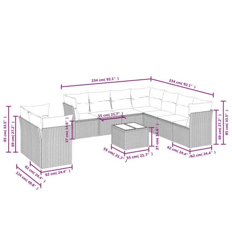 10-delige Loungeset met kussens poly rattan beige