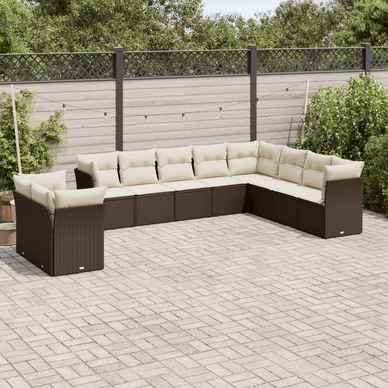 10-delige Loungeset met kussens poly rattan bruin