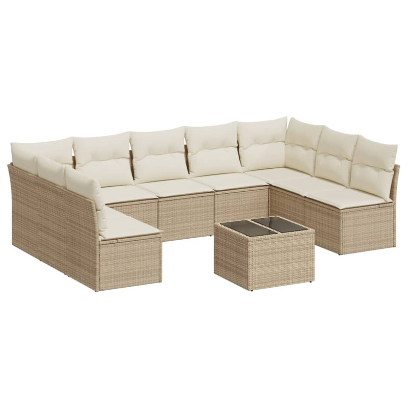 10-delige Loungeset met kussens poly rattan beige