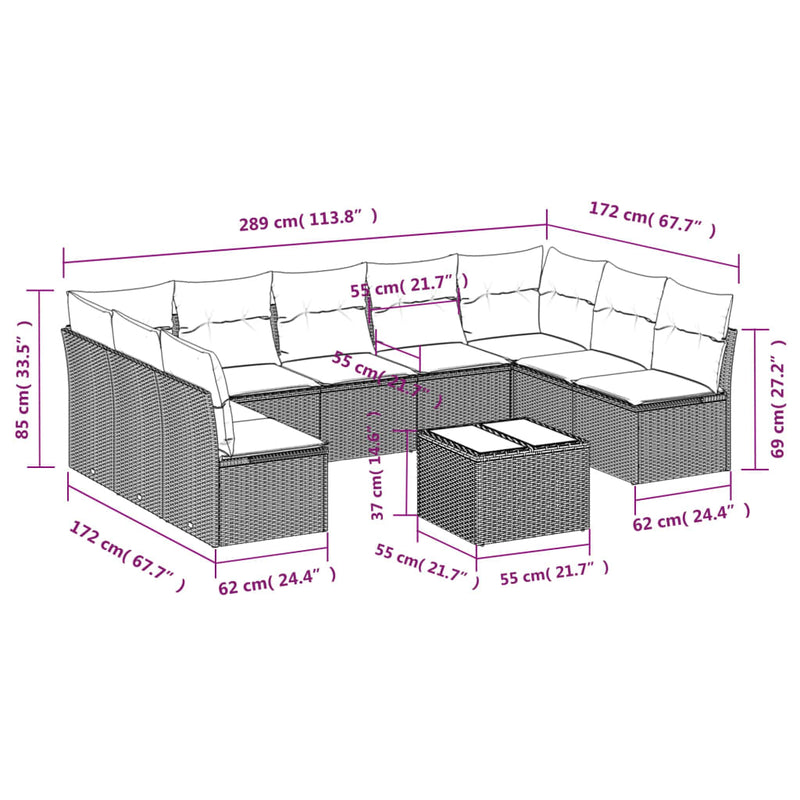 10-delige Loungeset met kussens poly rattan beige