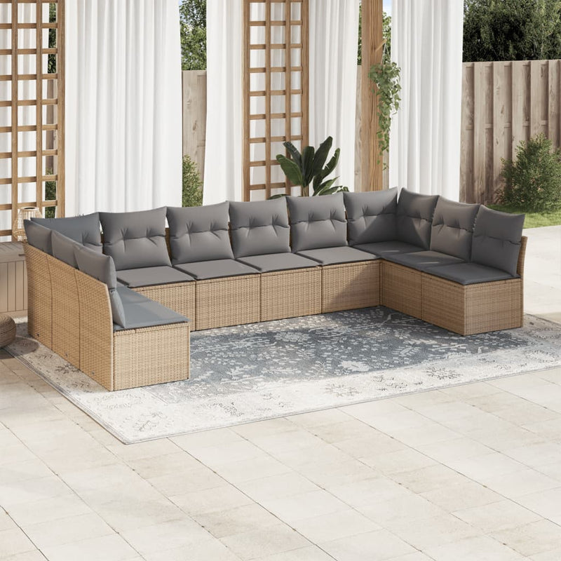 10-delige Loungeset met kussens poly rattan beige