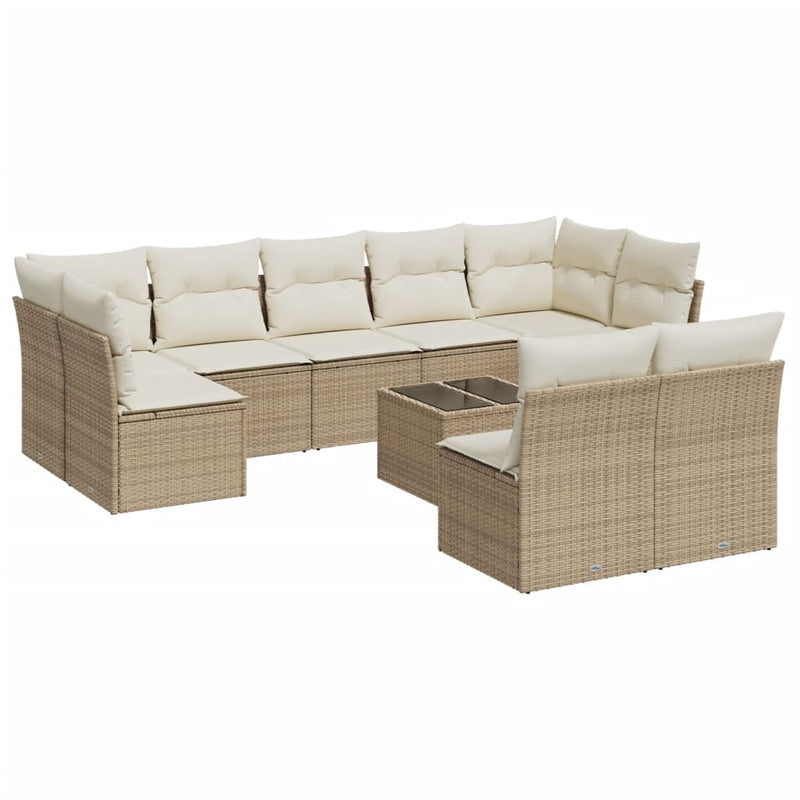 10-delige Loungeset met kussens poly rattan beige