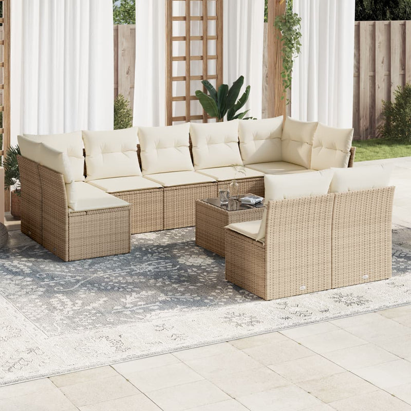 10-delige Loungeset met kussens poly rattan beige