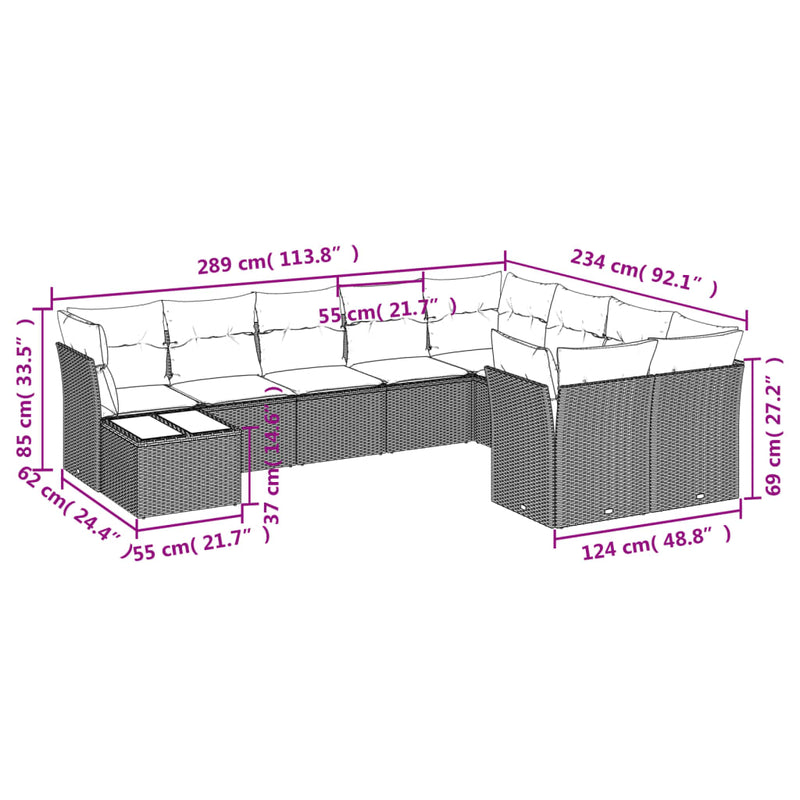 10-delige Loungeset met kussens poly rattan bruin