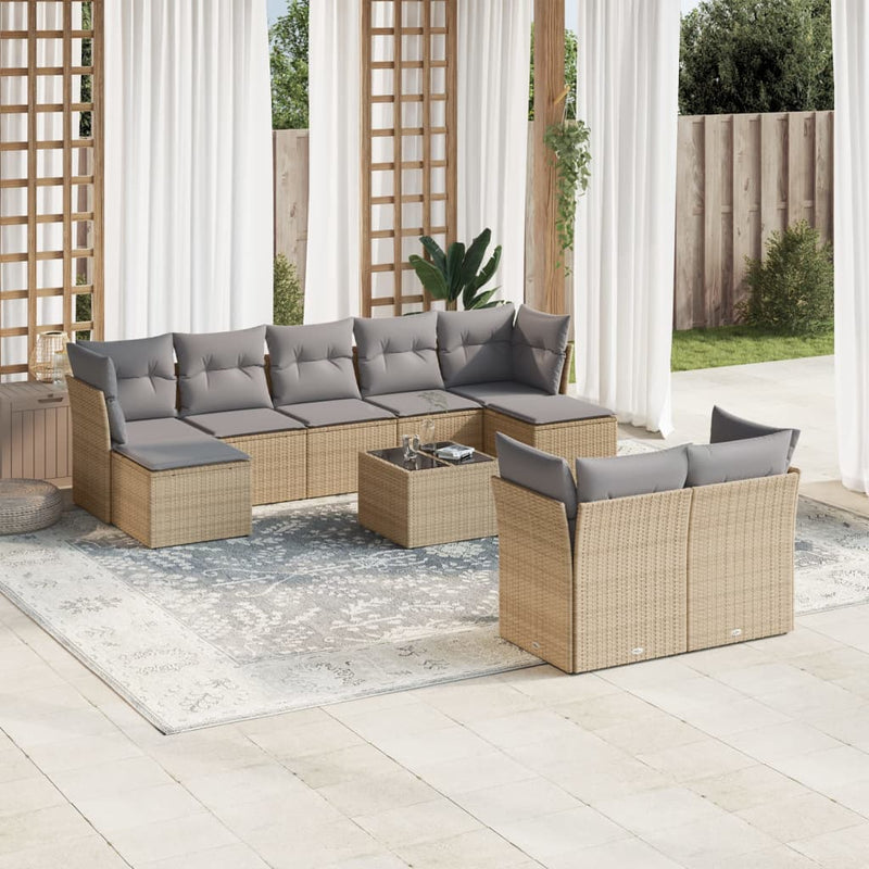 10-delige Loungeset met kussens poly rattan beige