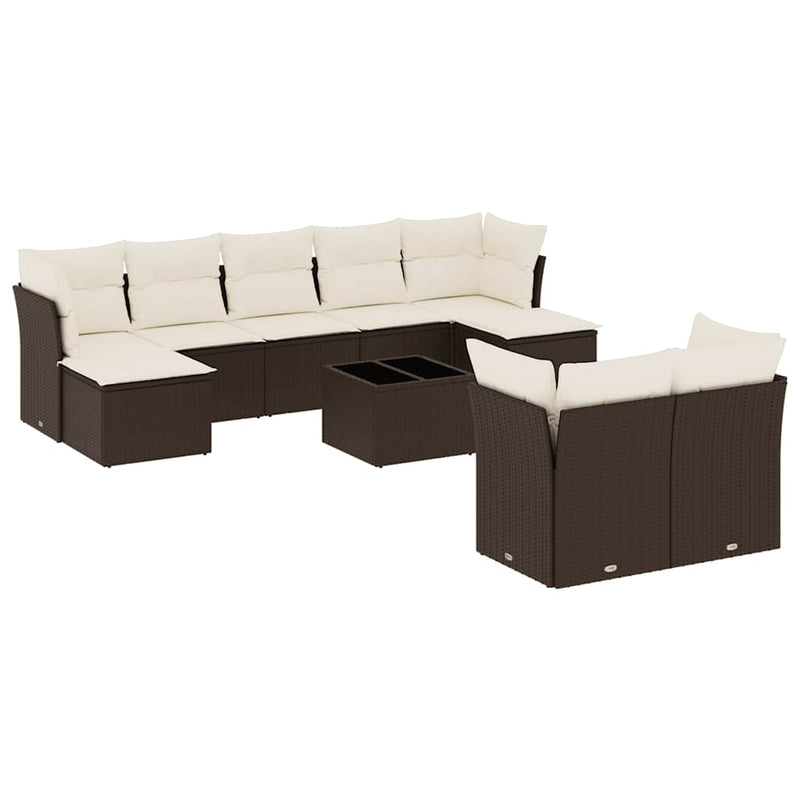 10-delige Loungeset met kussens poly rattan bruin