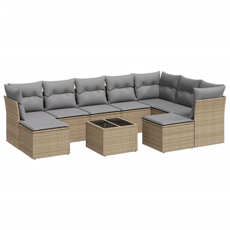 10-delige Loungeset met kussens poly rattan beige