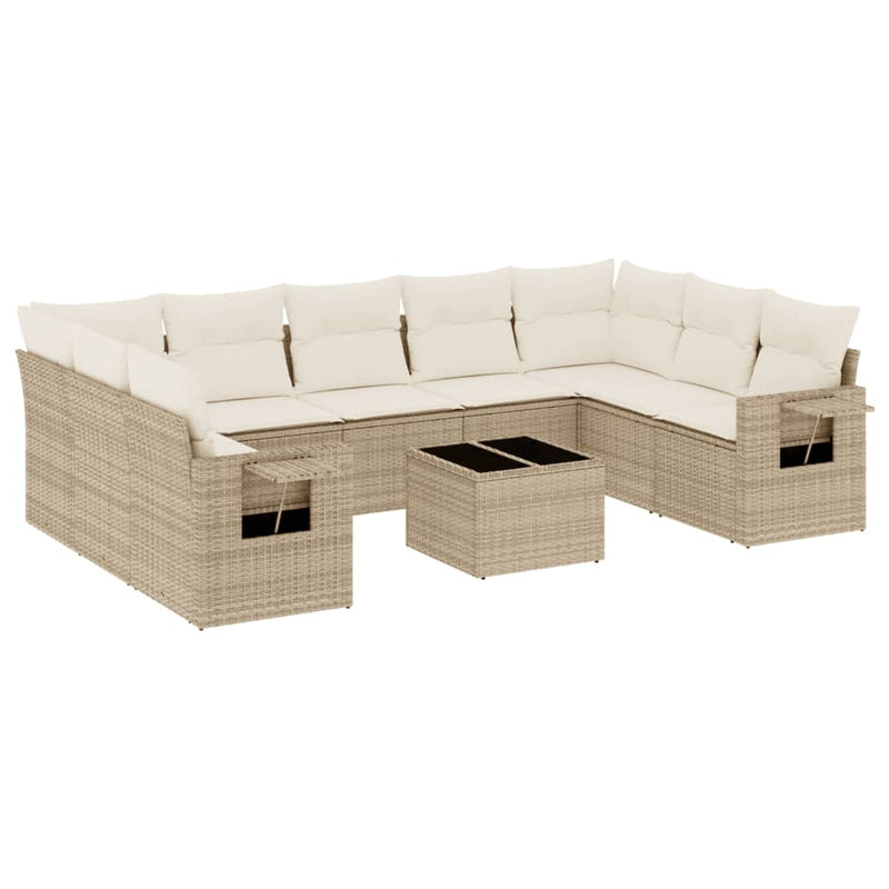 10-delige Loungeset met kussens poly rattan beige