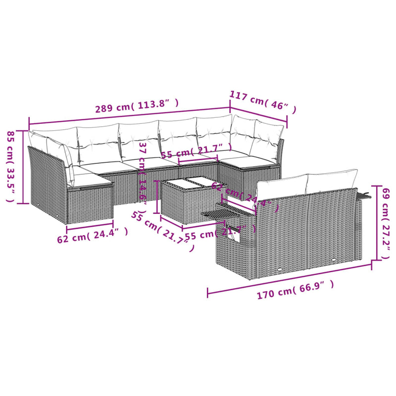 10-delige Loungeset met kussens poly rattan beige