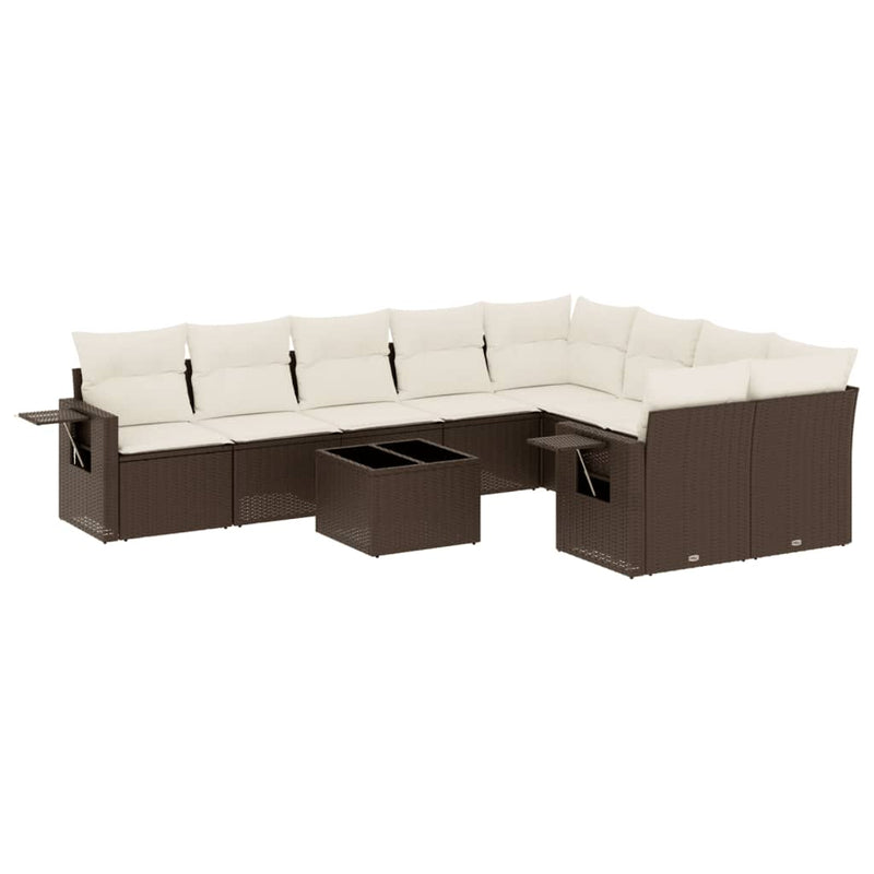 10-delige Loungeset met kussens poly rattan bruin