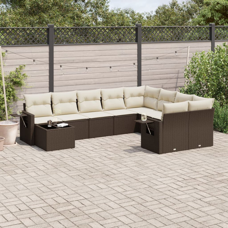 10-delige Loungeset met kussens poly rattan bruin