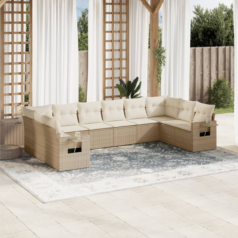 10-delige Loungeset met kussens poly rattan beige