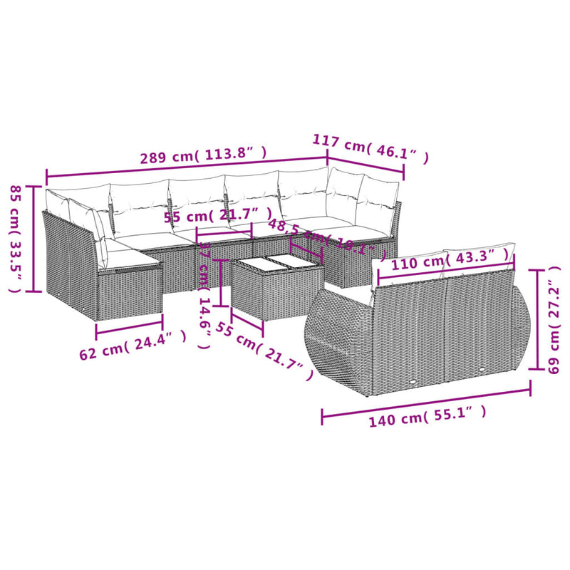 10-delige Loungeset met kussens poly rattan beige