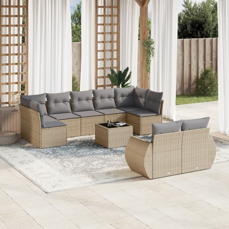 10-delige Loungeset met kussens poly rattan beige