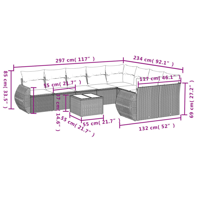 10-delige Loungeset met kussens poly rattan beige