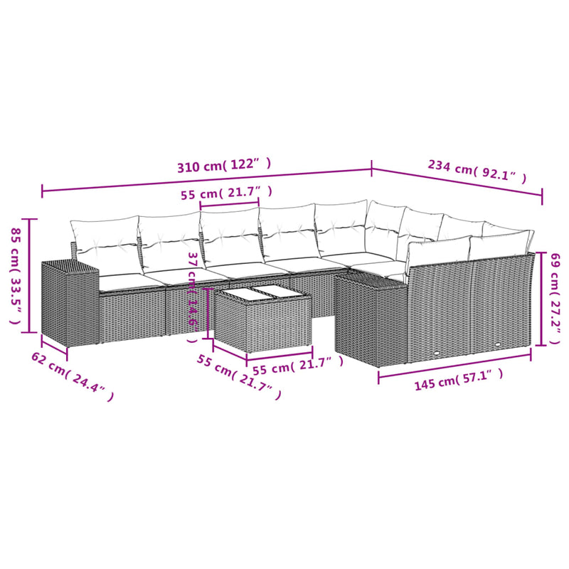 10-delige Loungeset met kussens poly rattan bruin