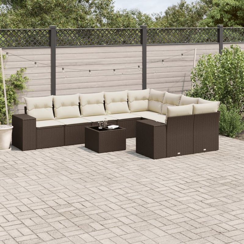 10-delige Loungeset met kussens poly rattan bruin