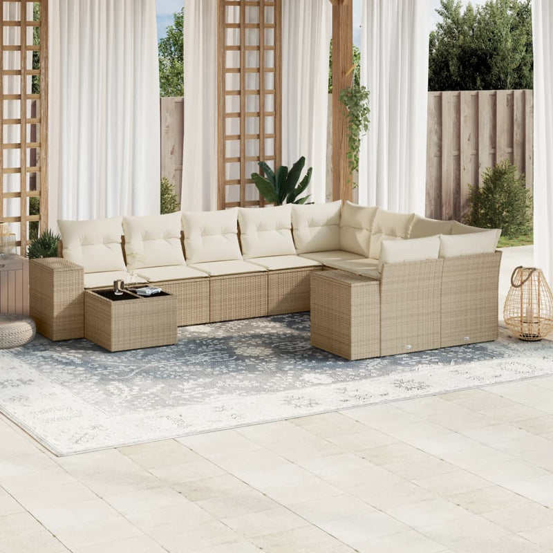 10-delige Loungeset met kussens poly rattan beige