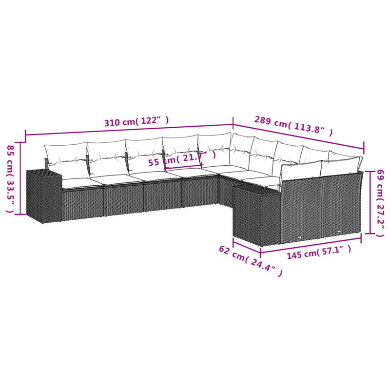 10-delige Loungeset met kussens poly rattan bruin