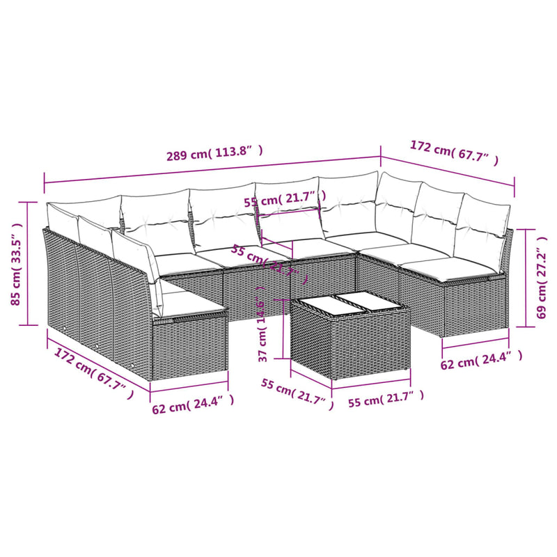 10-delige Loungeset met kussens poly rattan beige