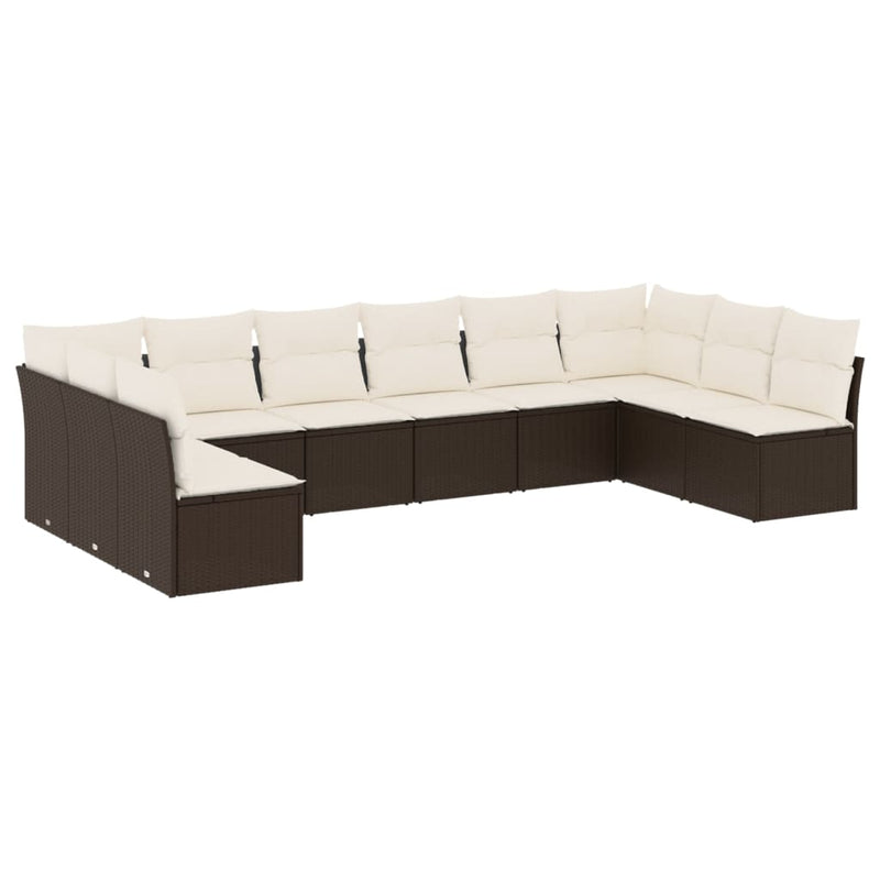 10-delige Loungeset met kussens poly rattan bruin