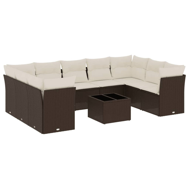 10-delige Loungeset met kussens poly rattan bruin