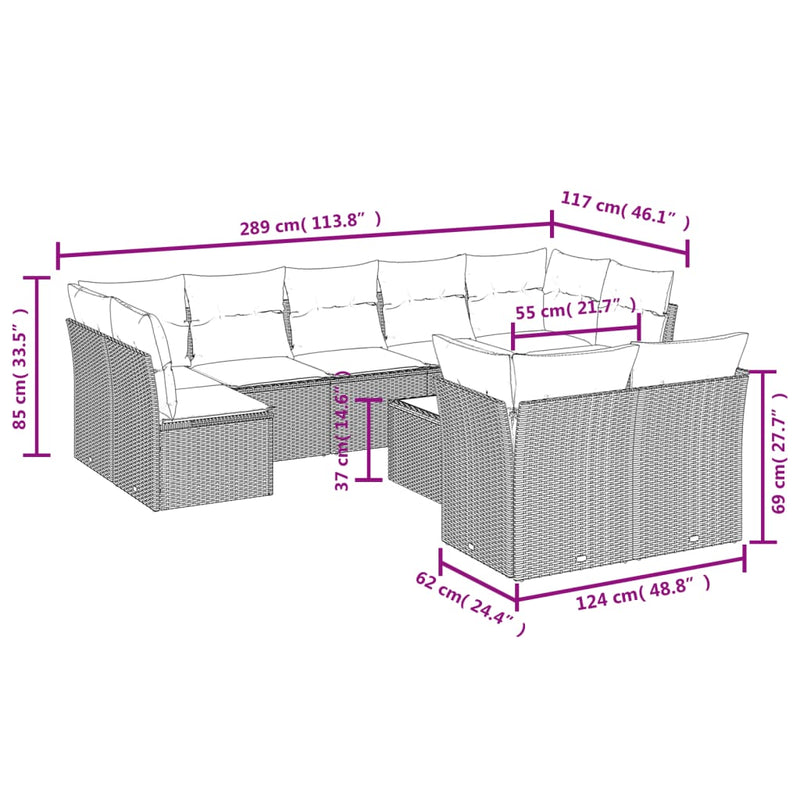 10-delige Loungeset met kussens poly rattan bruin