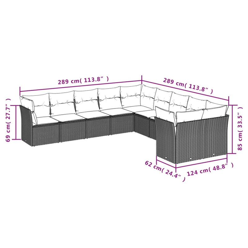 10-delige Loungeset met kussens poly rattan bruin