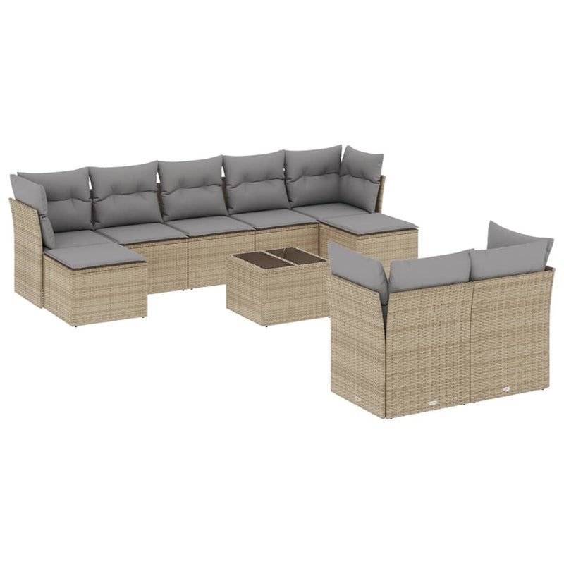 10-delige Loungeset met kussens poly rattan beige