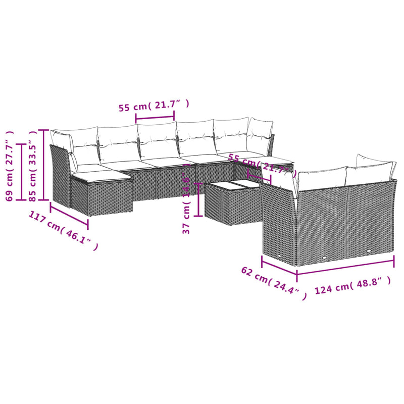 10-delige Loungeset met kussens poly rattan bruin