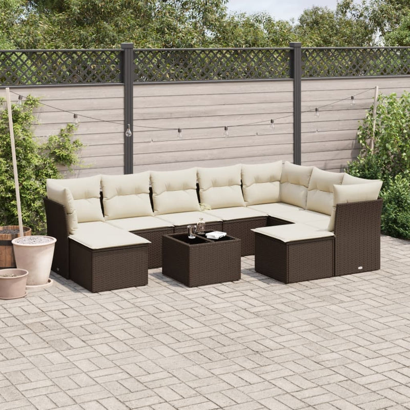 10-delige Loungeset met kussens poly rattan bruin