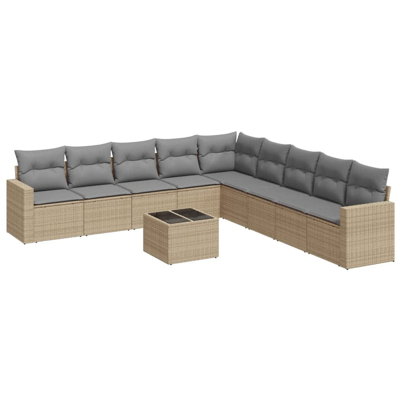 10-delige Loungeset met kussens poly rattan beige