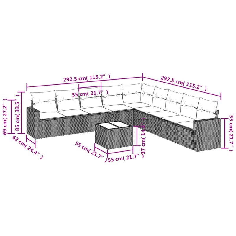 10-delige Loungeset met kussens poly rattan beige