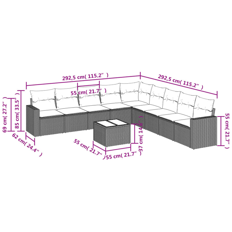 10-delige Loungeset met kussens poly rattan bruin