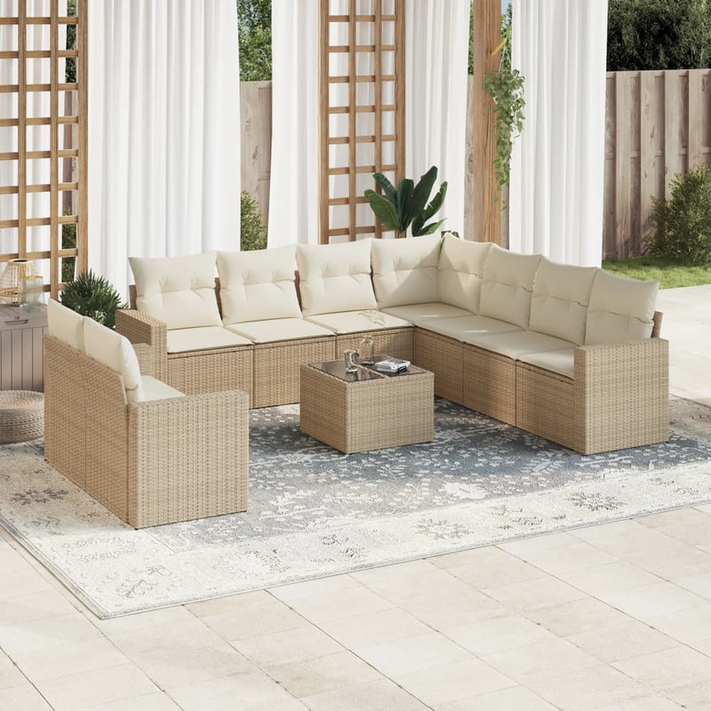 10-delige Loungeset met kussens poly rattan beige