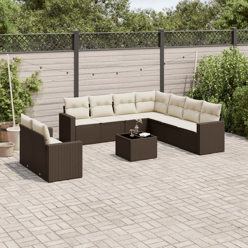 10-delige Loungeset met kussens poly rattan bruin