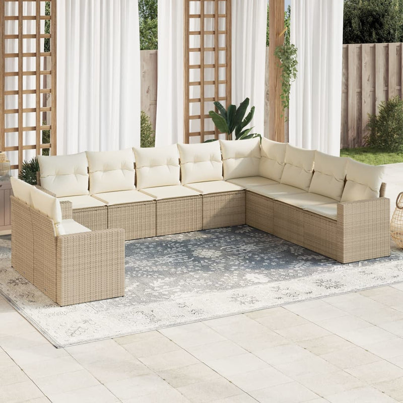 10-delige Loungeset met kussens poly rattan beige