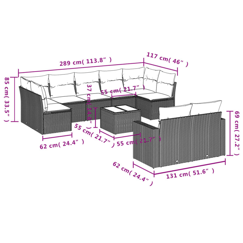 10-delige Loungeset met kussens poly rattan beige