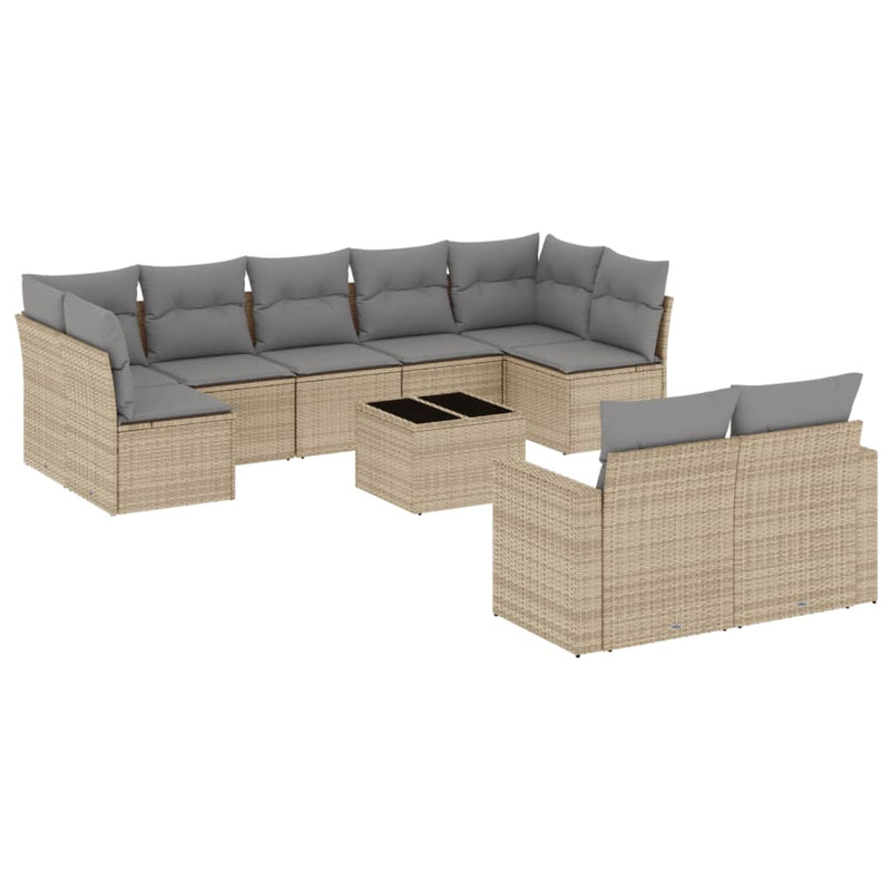 10-delige Loungeset met kussens poly rattan beige