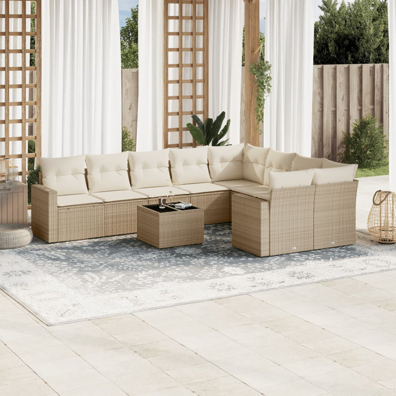 10-delige Loungeset met kussens poly rattan beige