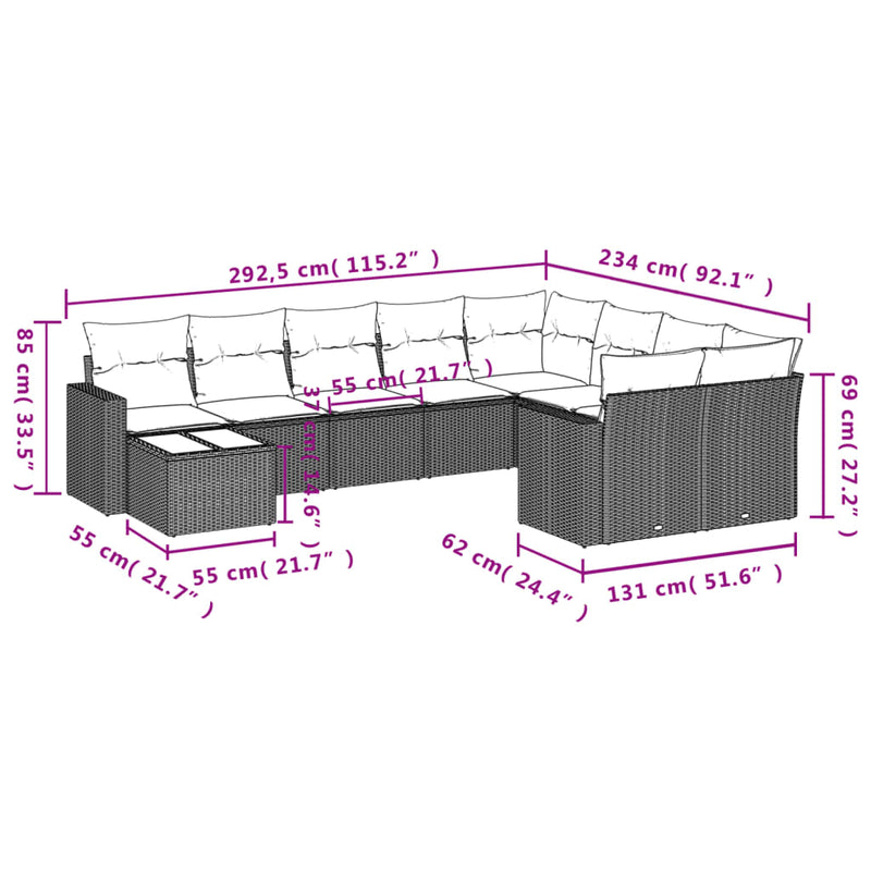 10-delige Loungeset met kussens poly rattan beige