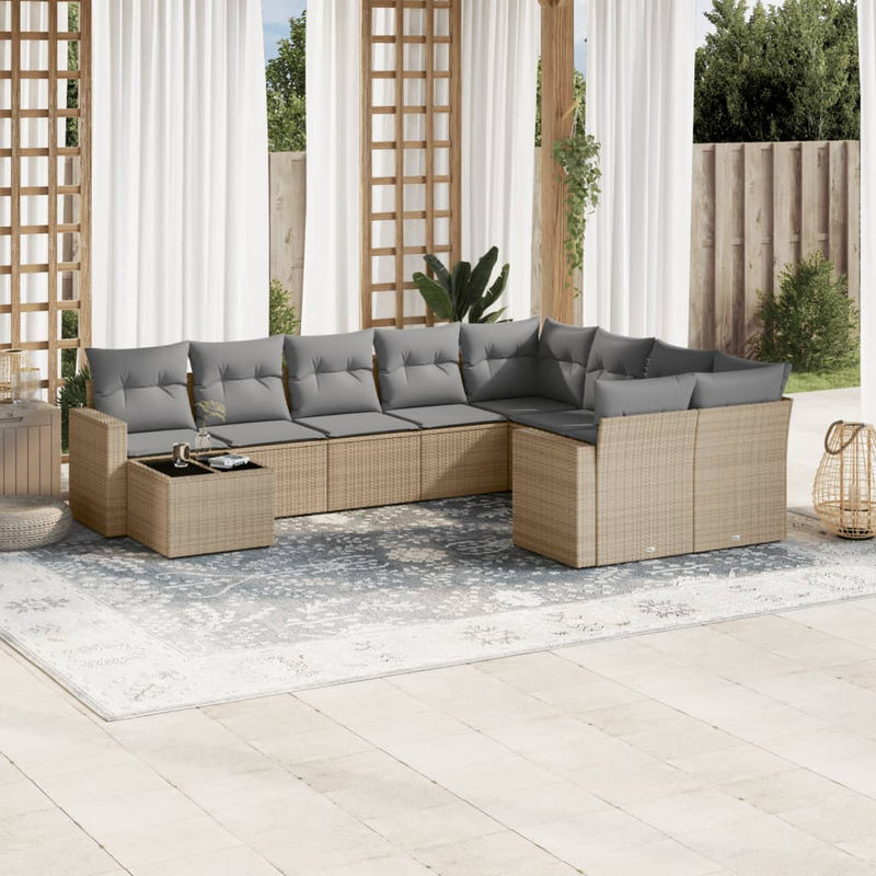 10-delige Loungeset met kussens poly rattan beige