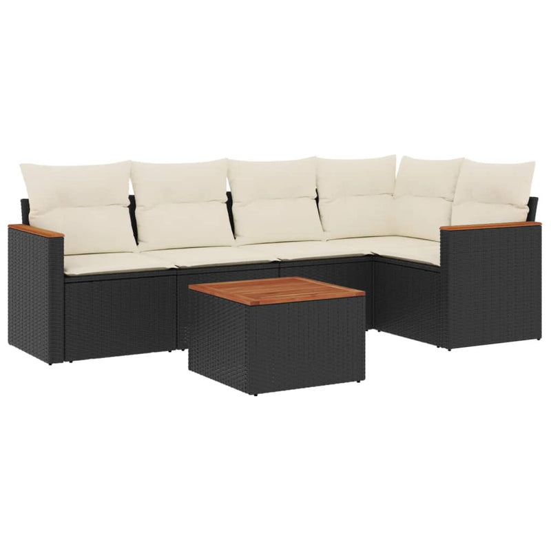 6-delige Loungeset met kussens poly rattan zwart