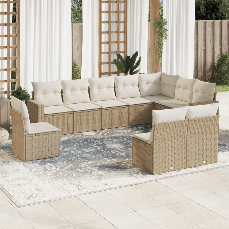 10-delige Loungeset met kussens poly rattan beige