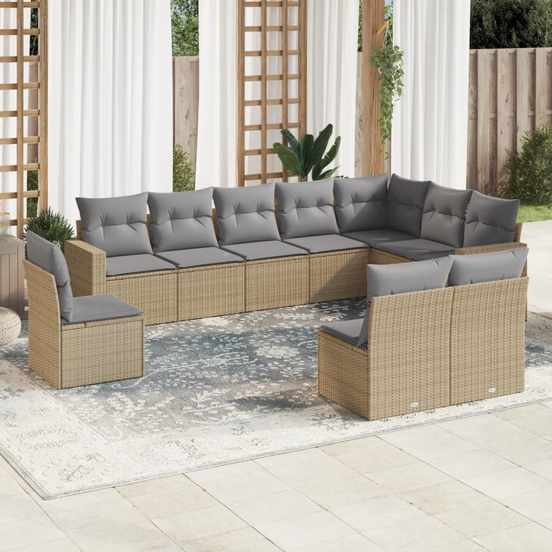 10-delige Loungeset met kussens poly rattan beige