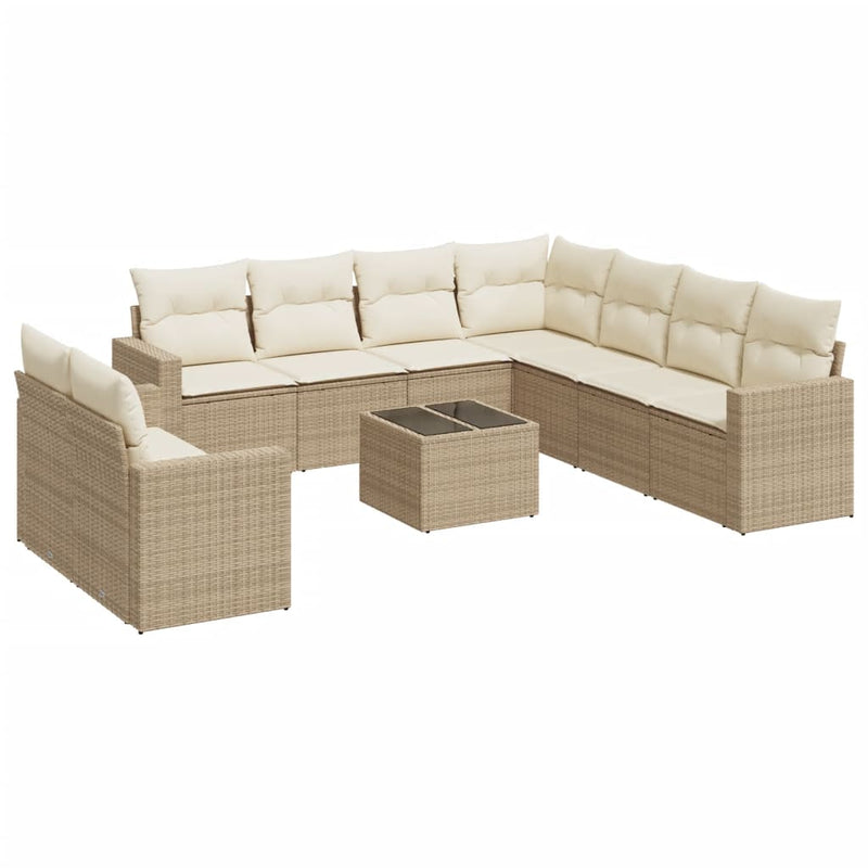 10-delige Loungeset met kussens poly rattan beige